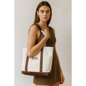 L.L.Bean Boat and Tote Canvas Bag Small White Brown Monogram CMA Made in USA
